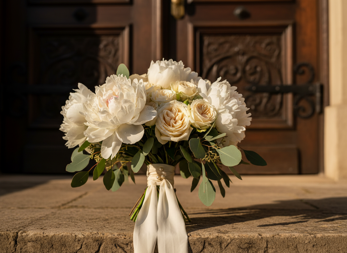 A luxurious bridal bouquet of white peonies, cream roses, and sprigs of eucalyptus rests on a stone step in front of an ornate wooden door, suggesting the entrance to an elegant wedding venue. The bouquet is wrapped in a silk ribbon with pearl pins, its petals velvety and pristine. Late afternoon natural light grazes the flowers from the side, creating delicate shadows and luminous highlights on each petal. The background architecture remains softly blurred, emphasizing the bouquet as the hero. Composed using the rule of thirds with a shallow depth of field, the image feels refined and cinematic, evoking the quiet anticipation just before a wedding ceremony, rendered in photographic realism with a sophisticated aesthetic.