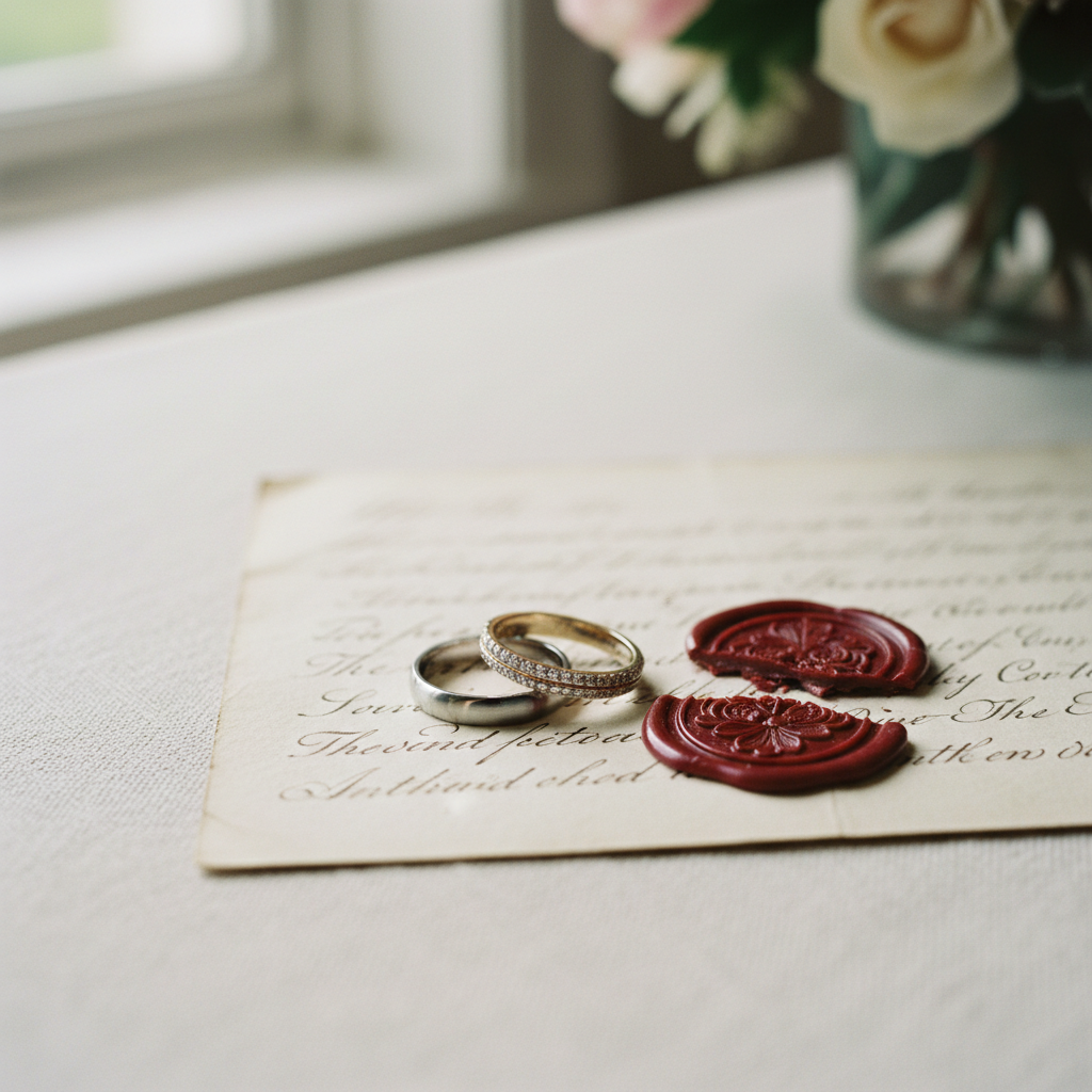 Two simple yet sophisticated wedding rings, one a slim diamond-paved band and the other a polished platinum band, rest delicately on an antique hand-written love letter placed on a linen-covered table. The letter’s ink is slightly faded, and an elegant wax seal lies broken beside it. Soft, diffused window light from the left creates subtle reflections on the metal and picks up texture in the linen and paper fibers. The composition is tightly framed from a slightly elevated angle, focusing on the rings and the looping calligraphy, with the background falling into creamy blur. The mood is intimate, poetic, and luxurious, emphasizing the timeless promise of marriage through clean, realistic, fine-art wedding photography styling.