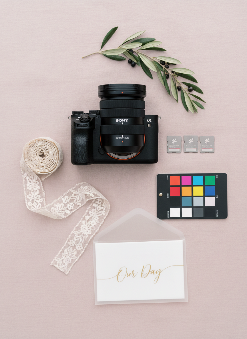 A beautifully styled flat lay of wedding photography essentials is arranged on a pale blush fabric backdrop: a professional mirrorless camera with a prime lens, a set of polished memory cards, a color calibration card, a delicate lace ribbon, a sprig of olive branch, and a vellum envelope with elegant gold calligraphy. Soft, overcast daylight from above casts even, flattering illumination with minimal harsh shadows, allowing each texture—metal, glass, fabric, and paper—to stand out. The composition is meticulously balanced, with negative space around the camera creating a focal point, shot from directly overhead for a modern editorial feel. The mood is professional yet romantic, conveying meticulous preparation and sophisticated craftsmanship in high-end wedding photography, captured with crisp photographic realism.